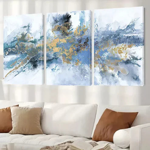 3pcs Abstract Blue and Golden Wall Art Set Canvas Framed 60X90cm - High Quality Print 100% Australian Made Wall Canvas Ready to Hang