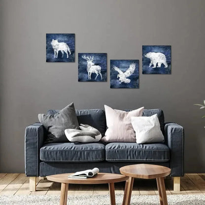 4pcs Wolf, Deer, Moose, Bear - Blue Forest Wall Art Canvas Framed