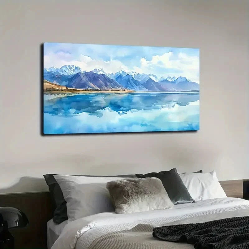 Serene Blue Lake with Snow Wall Art Canvas Office Home Room Framed 120x60cm - Bella Home Decor