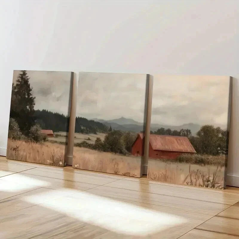 3pcs Rustic Barn Rolling Hills Serene Landscape Wall Art Set Canvas Framed 60x90cm - High Quality Print 100% Australian Made Wall Canvas Ready to Hang - Bella Home Decor