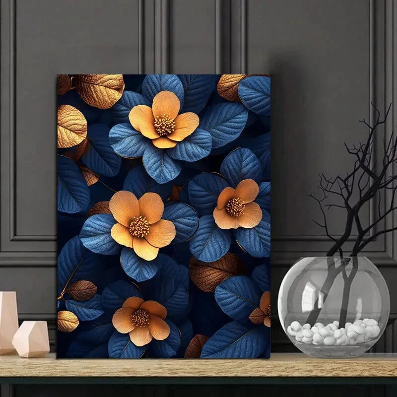 Elegant Blue and Golden Floral Leaves Design 40x60cm Metal Print Ready to Hang - Bella Home Decor