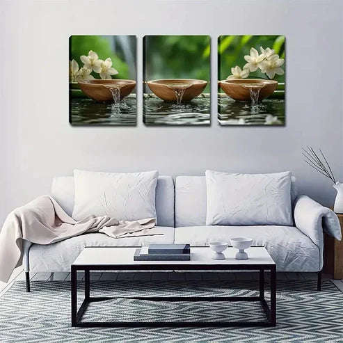 3pcs Wooden Tea Bowls and Waterfall Design Wall Art Canvas Unframed - High Quality Print 100% Australian Made Wall Canvas