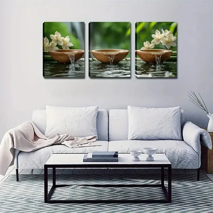 3pcs Wooden Tea Bowls and Waterfall Design Wall Art Canvas Unframed - High Quality Print 100% Australian Made Wall Canvas