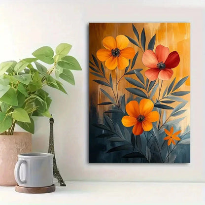 Beautiful Vibrant Orange & Red Floral Design Painting 40x60cm Metal Print Ready to Hang