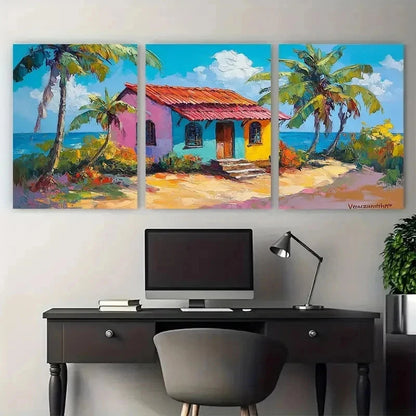 3pcs Mexican House Original Oil Painting Perfect Wall Art Set Canvas Framed 50x70cm - High Quality Print 100% Australian Made Wall Canvas Ready to Hang