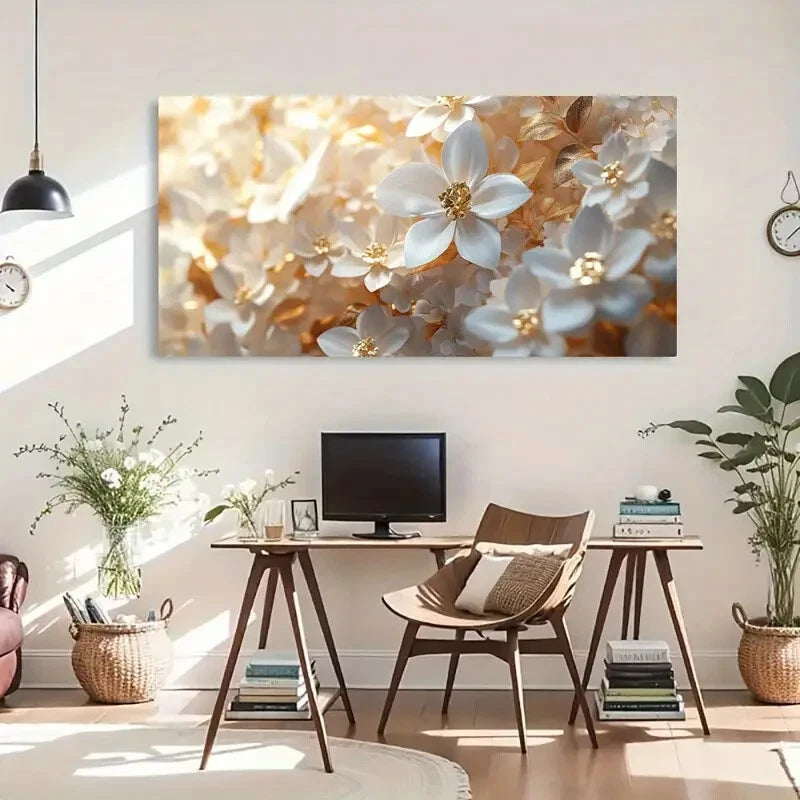 Golden Leaves White Flowers Wall Art Canvas Office Home Room Framed 120x60cm