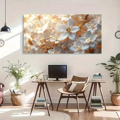 Golden Leaves White Flowers Wall Art Canvas Office Home Room Framed 120x60cm