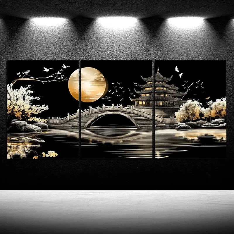 3pcs Arch Bridge Moon Pagoda & Cranes Metal Print Ready to Hang Art - Bella Home Decor