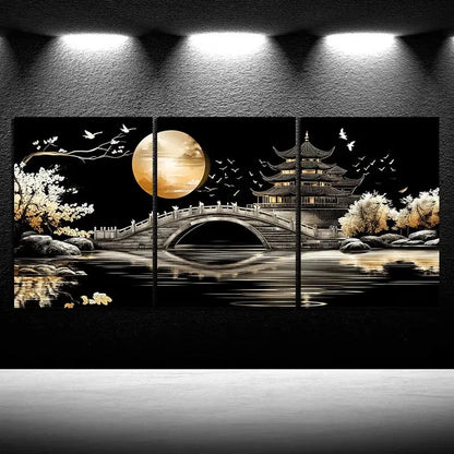 3pcs Arch Bridge Moon Pagoda & Cranes Metal Print Ready to Hang Art - Bella Home Decor