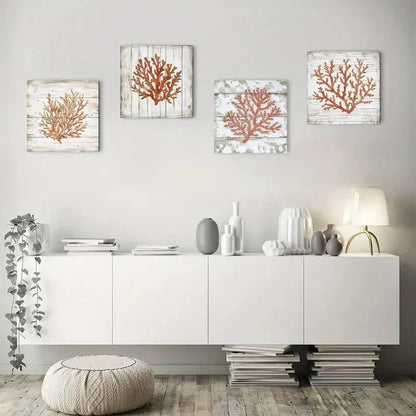 4pcs Orange Coral Beach Poster Wall Art Canvas Framed