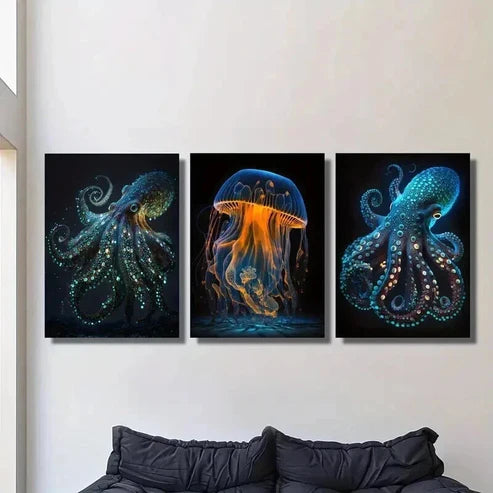 3pcs Glowing Octopus Jellyfish Illustration Wall Art Canvas Unframed - High Quality Print 100% Australian Made Wall Canvas - Bella Home Decor