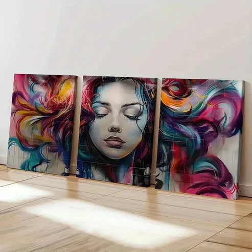 3pcs Abstract Woman Face Artwork Vibrant Colors Wall Art Canvas Unframed - High Quality Print 100% Australian Made Wall Canvas