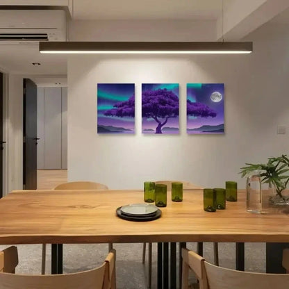 3pcs Purple Tree & Aurora Borealis Metal Print Ready to Hang Art - Bella Home Decor
