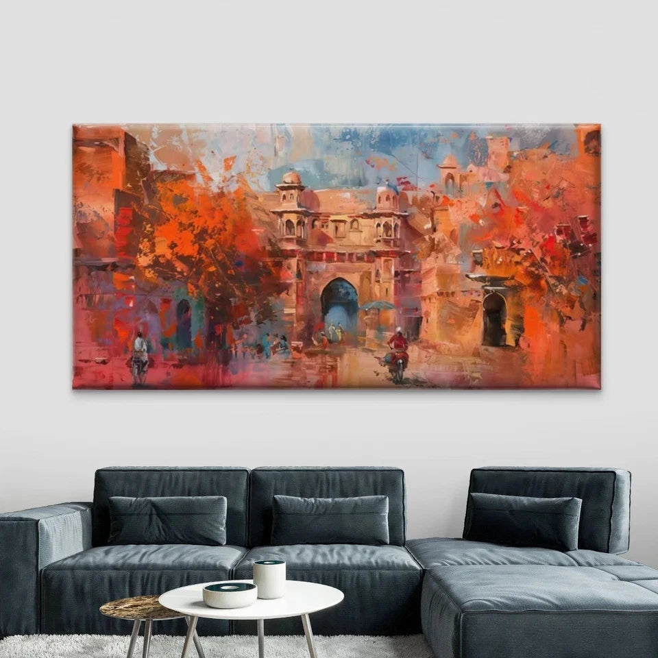 Abstract Indian Cityscape Wall Art Canvas Office Home Room Framed 120x60cm