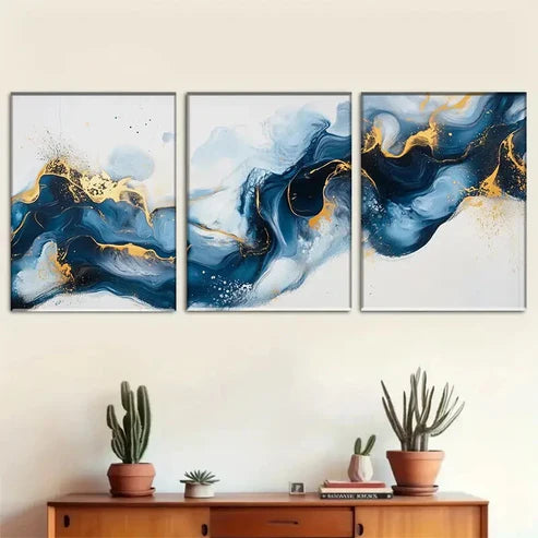 3pcs Blue and Golden Abstract Décor Wall Art Canvas Unframed - High Quality Print 100% Australian Made Wall Canvas - Bella Home Decor