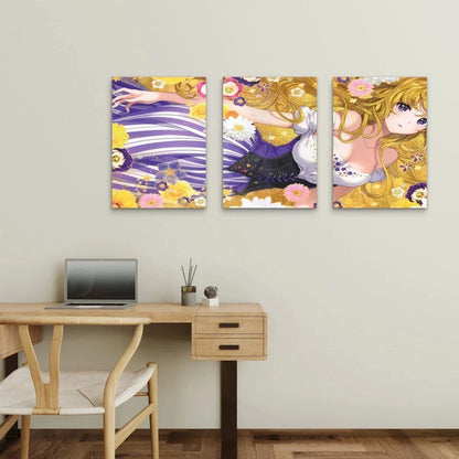 3pcs Whimsical Golden Flora Purple Corset Wall Art Set Canvas Framed 40x60cm - High Quality Print 100% Australian Made Wall Canvas Ready to Hang