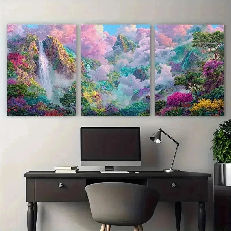 3pcs Cute Waterfall Painting Pastel Perfect Wall Art Set Canvas Framed 50x70cm - High Quality Print 100% Australian Made Wall Canvas Ready to Hang - Bella Home Decor