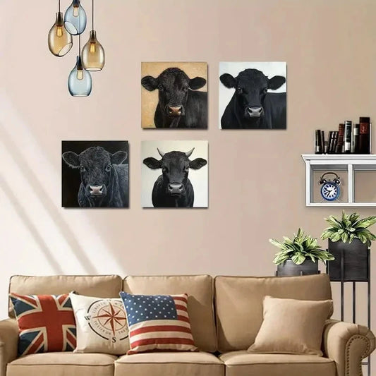 4pcs Black Angus Cow Wall Art Canvas Framed