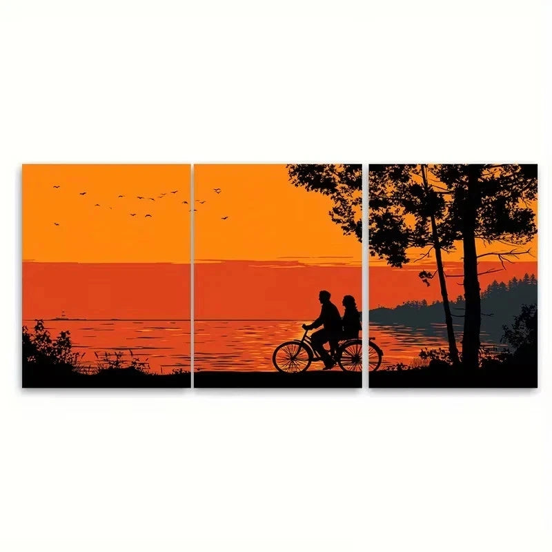3pcs Silhouette of Couple on Bicycle by Lake Wall Art Set Canvas Framed 40x60cm – High Quality Print 100% Australian Made Wall Canvas Ready to Hang