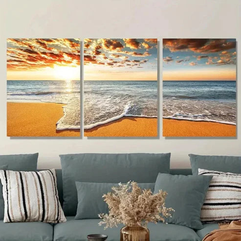 3pcs Beach Sunset Vibrant Sunset Painting Wall Art Set Canvas Unframed - High Quality Print 100% Australian Made Wall Canvas