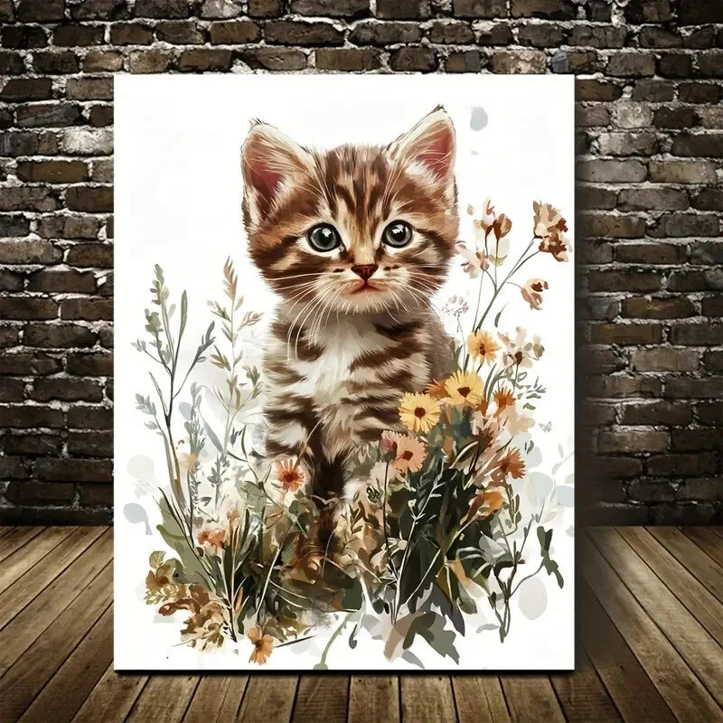 Adorable Tabby Kitten Cute Cat & Floral Painting 40x60cm Metal Print Ready to Hang