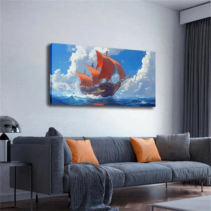 Vibrant Red Sailboat Blue Ocean Wall Art Canvas Office Home Room Framed 120x60cm - Bella Home Decor