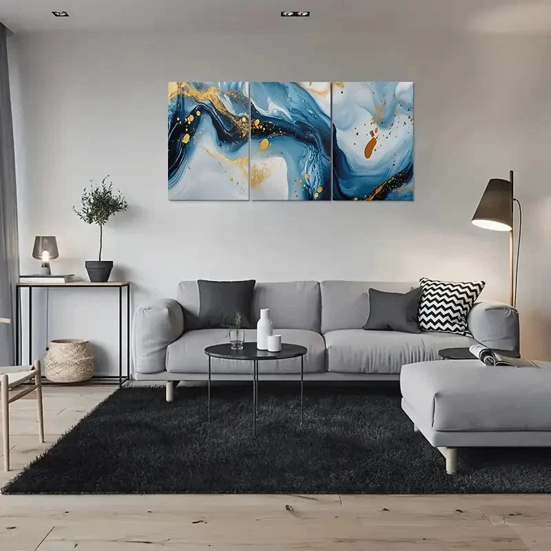 3pcs Blue White & Golden Marble Effect Metal Print Ready to Hang Art - Bella Home Decor