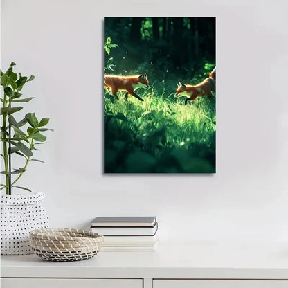 Realistic Foxes in Lush Green Meadow Scene 40x60cm Metal Print Ready to Hang - Bella Home Decor