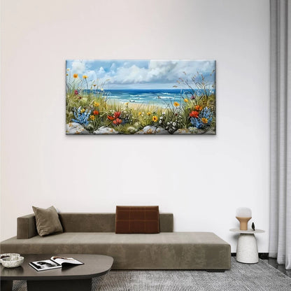 Beach Flowers Rocks Blue Sky Wall Art Canvas Office Home Room Framed 120x60cm