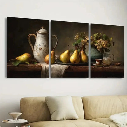 3pcs Pear Still Life, Kitchen Moody Wall Art Set Canvas Framed 50x70cm - High Quality Print 100% Australian Made Wall Canvas Ready to Hang
