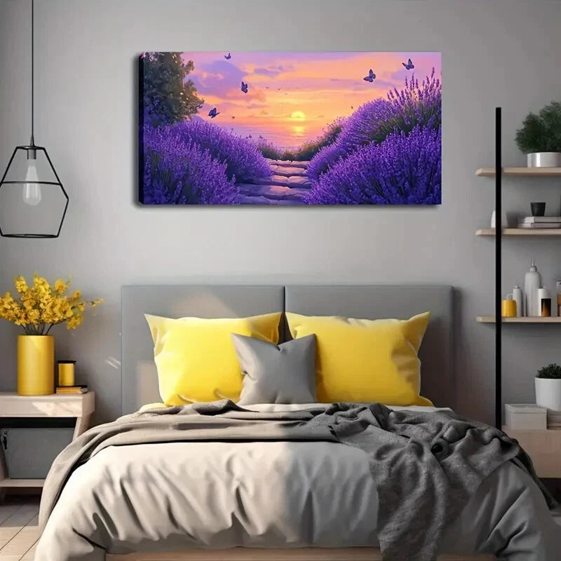 Lavender Fields Sunset Scene Wall Art Canvas Office Home Room Framed 120x60cm - Bella Home Decor