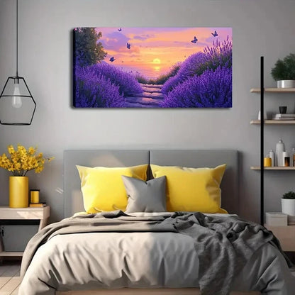 Lavender Fields Sunset Scene Wall Art Canvas Office Home Room Framed 120x60cm - Bella Home Decor