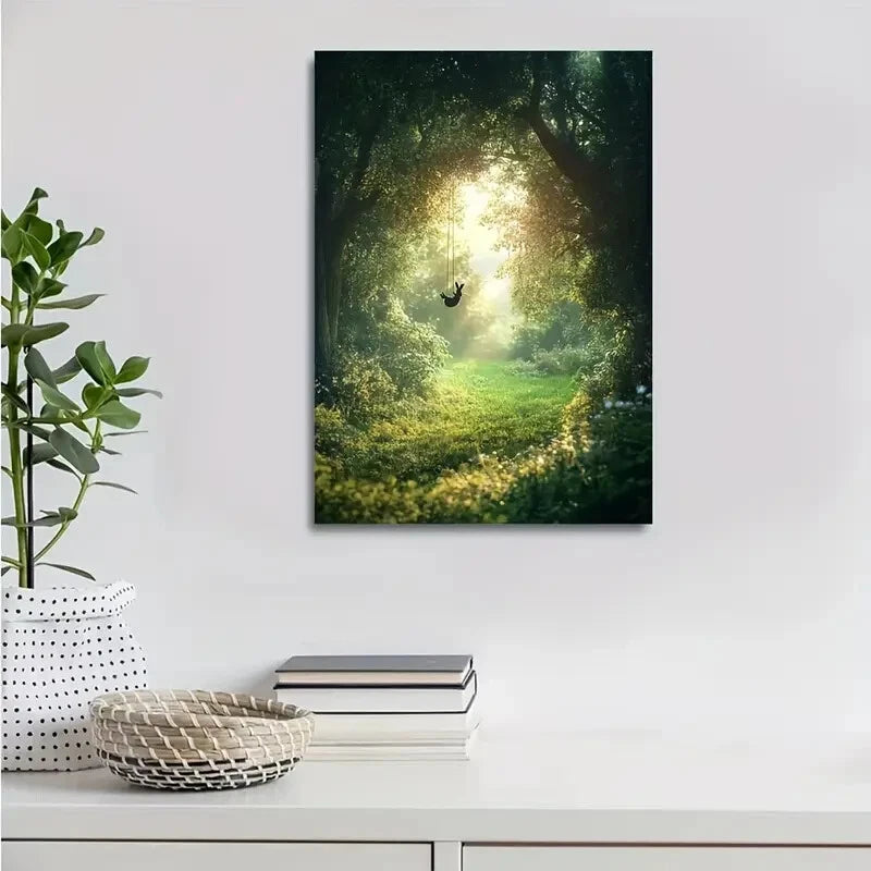 Whimsical Rabbit Swinging in Lush Meadow Painting 40x60cm Metal Print Ready to Hang - Bella Home Decor