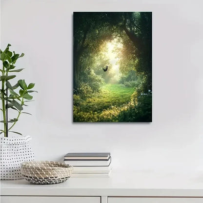 Whimsical Rabbit Swinging in Lush Meadow Painting 40x60cm Metal Print Ready to Hang - Bella Home Decor