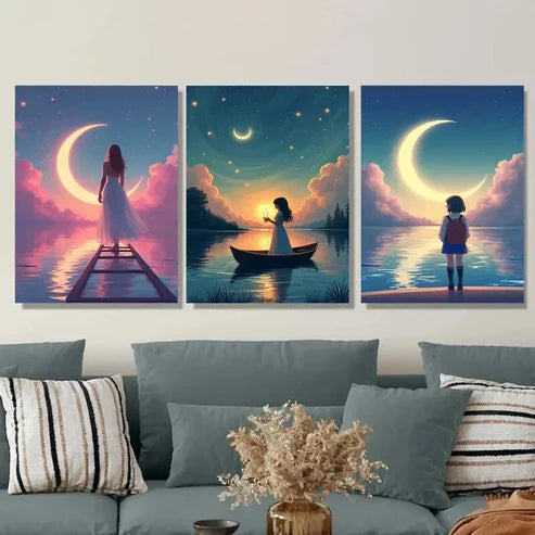 3pcs Moonlit Night Triptych Starry Sky Girl Wall Art Set Canvas Unframed - High Quality Print 100% Australian Made Wall Canvas