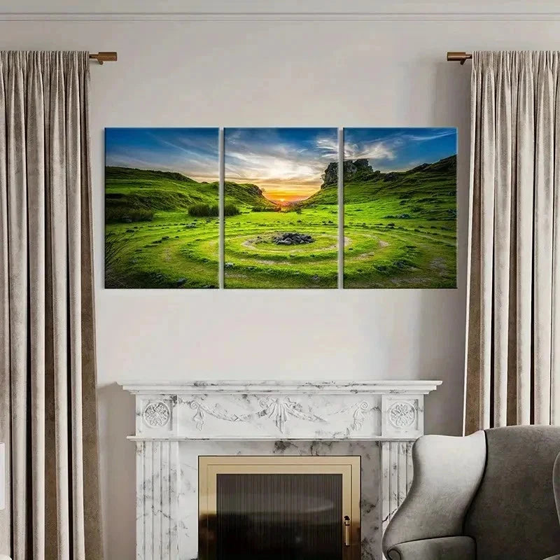 3pcs Green Grass Sunset Scenery Natural Wall Art Set Canvas Framed 50x70cm - High Quality Print 100% Australian Made Wall Canvas Ready to Hang