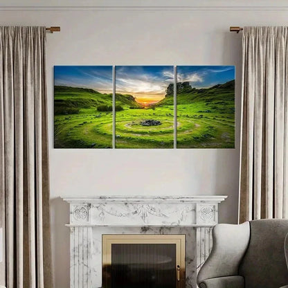 3pcs Green Grass Sunset Scenery Natural Wall Art Set Canvas Framed 50x70cm - High Quality Print 100% Australian Made Wall Canvas Ready to Hang