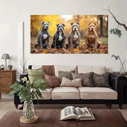 Four Pit Bulls In Autumn Wall Art Canvas Office Home Room Framed 120x60cm