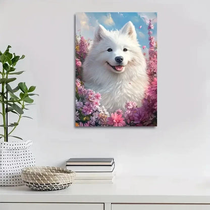 Beautiful Samoyed Dog Vibrant Floral Design Painting 40x60cm Metal Print Ready to Hang - Bella Home Decor