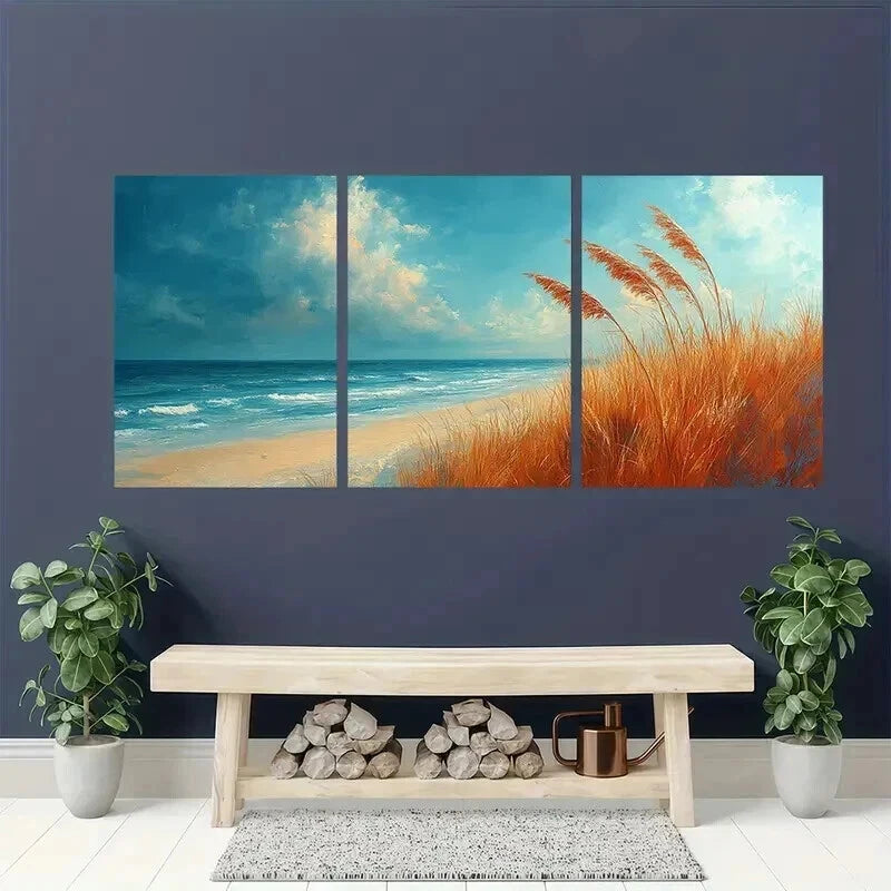 3pcs Beach Scene with Sea Oats Blowing Wall Art Set Canvas Framed 40x60cm - High Quality Print 100% Australian Made Wall Canvas Ready to Hang - Bella Home Decor