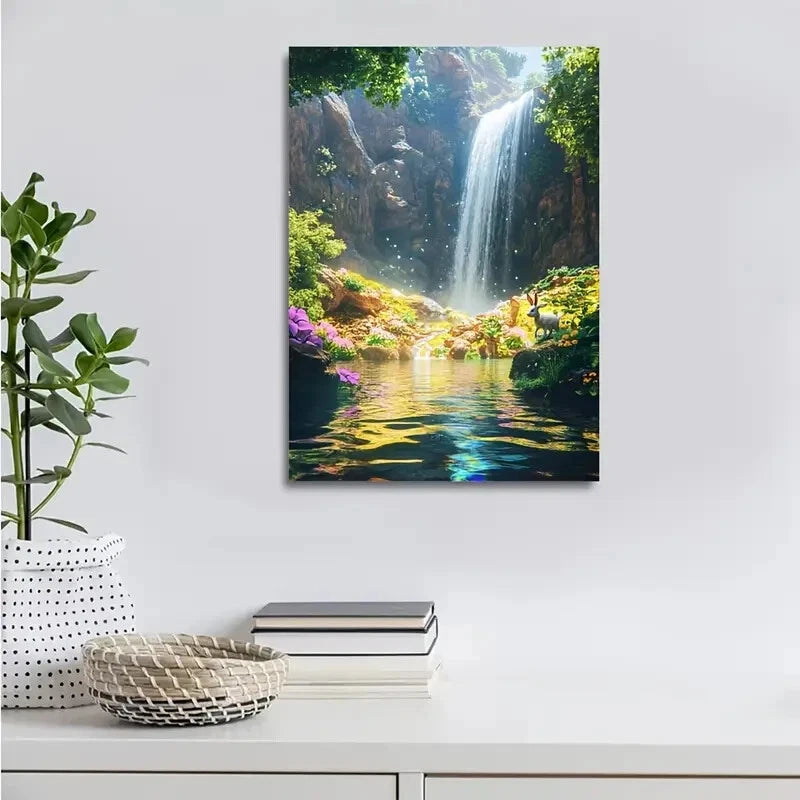 Clear Waterfall Rainbow Reflections Painting 40x60cm Metal Print Ready to Hang