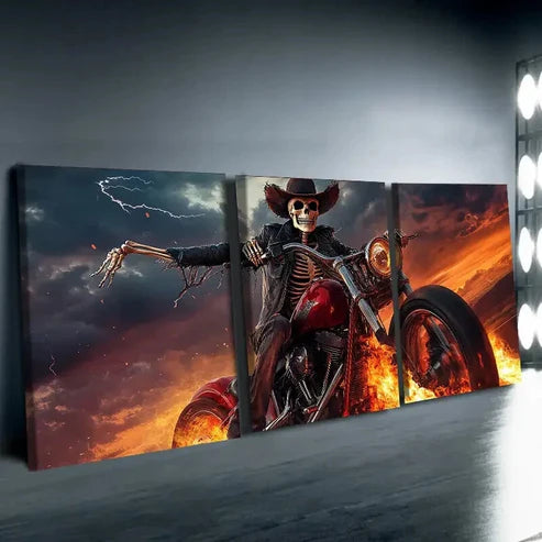 3pcs Skeleton on Motorcycle Dark Rider Fear Wall Art Set Canvas Unframed - High Quality Print 100% Australian Made Wall Canvas