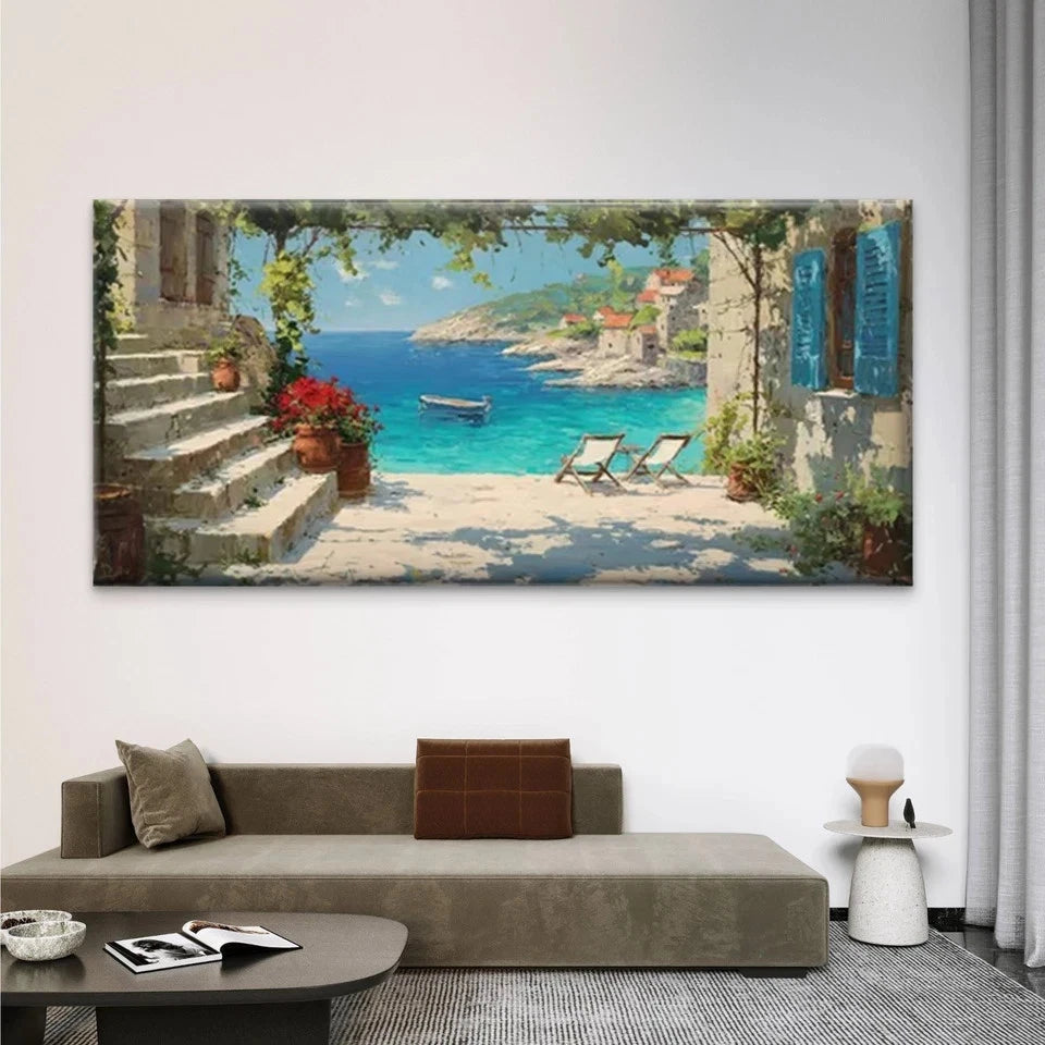 Mediterranean Scenic Sea View Wall Art Canvas Office Home Room Framed 120x60cm