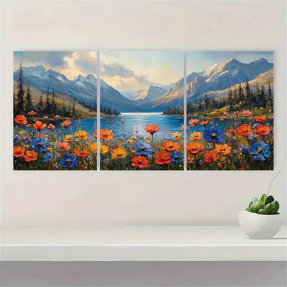 3pcs Natural Lake View Wildflower EQ Wall Art Set Canvas Unframed - High Quality Print 100% Australian Made Wall Canvas - Bella Home Decor