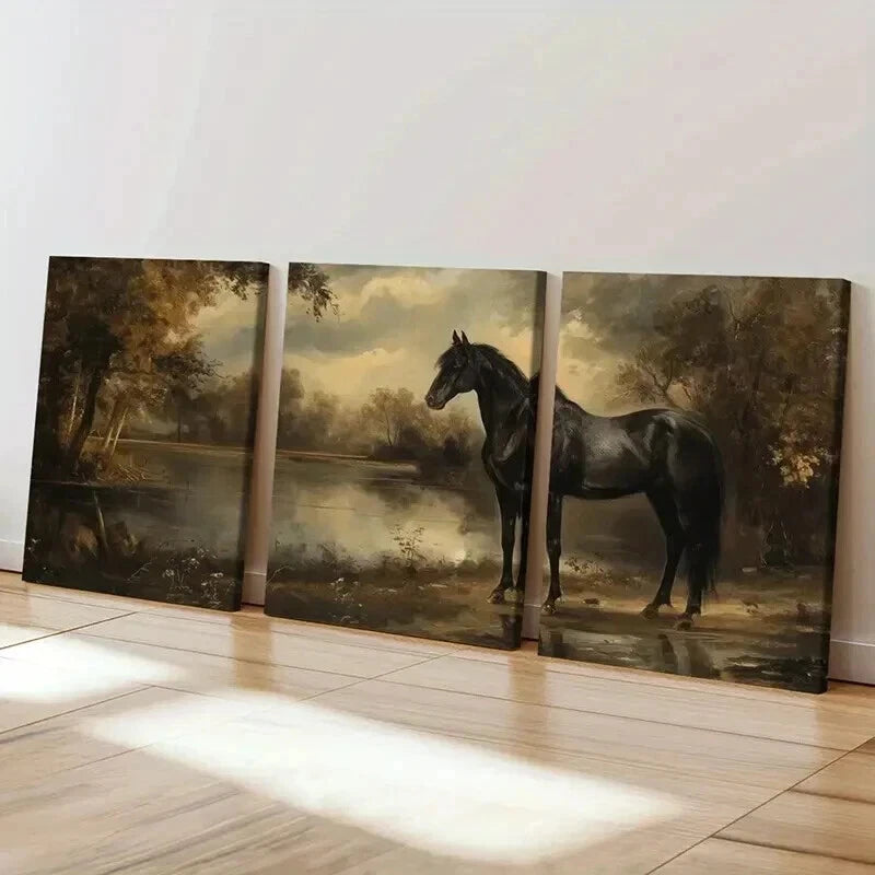 3pcs Black Horse Serene Lake & Autumn Trees Wall Art Set Canvas Framed 40x60cm - High Quality Print 100% Australian Made Wall Canvas Ready to Hang
