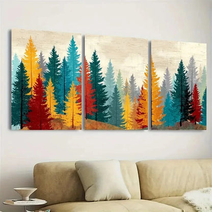 3pcs Retro Pine Tree Forest In The Fall Wall Art Set Canvas Framed 50x70cm - High Quality Print 100% Australian Made Wall Canvas Ready to Hang