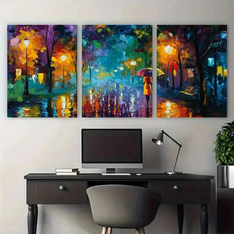 3pcs Abstract Rainy Night Umbrella Perfect Wall Art Set Canvas Framed 50x70cm - High Quality Print 100% Australian Made Wall Canvas Ready to Hang - Bella Home Decor