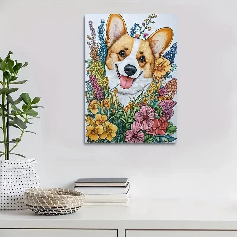 Cute Corgi Dog with Vibrant Flowers and Plant Painting 40x60cm Metal Print Ready to Hang - Bella Home Decor