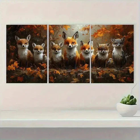 3pcs Fox Family in Vibrant Autumn Forest Wall Art Canvas Unframed - High Quality Print 100% Australian Made Wall Canvas - Bella Home Decor
