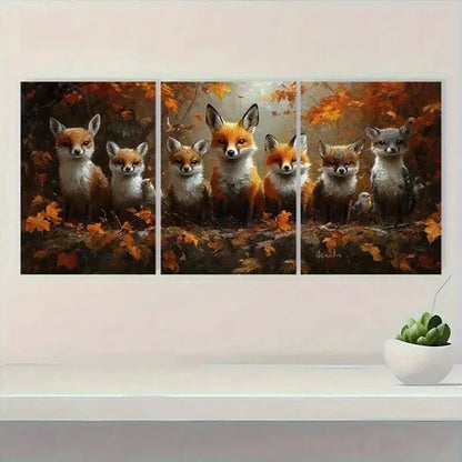 3pcs Fox Family in Vibrant Autumn Forest Wall Art Canvas Unframed - High Quality Print 100% Australian Made Wall Canvas - Bella Home Decor